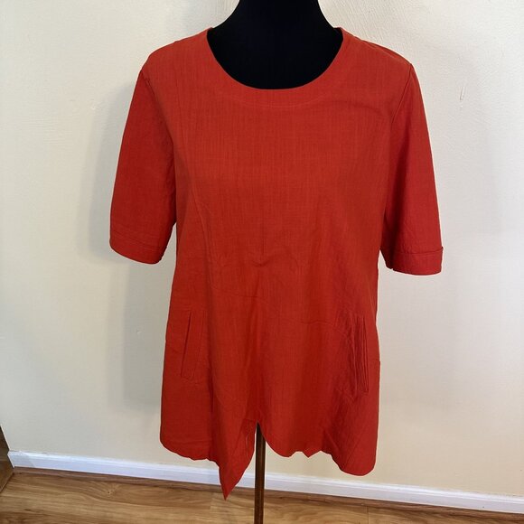 Misslook Womens Red Tunic Top Shirt Asymmetrical Hem Pockets Cotton 3/4 Sleeve - Picture 7 of 11